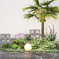 Courtyard Garden Design With Palm Tree Purple Flowers Gray Block Structures And Round Light