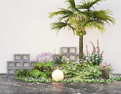 Modern courtyard landscape sketch coconut tree flower mirror plant landscaping green plant pile 3d model