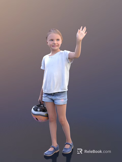 Young Girl Waving Hand Wearing White Striped T-Shirt And Denim Shorts With Helmet 3d model 