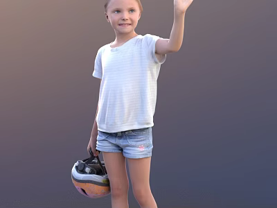 Young Girl Waving Hand Wearing White Striped T-Shirt And Denim Shorts With Helmet 3d model