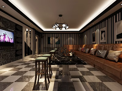 Modern KTV Lounge Interior With Sofa Coffee Table TV Chandelier And Striped Walls 3d model