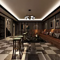 Modern KTV Lounge Interior With Sofa Coffee Table TV Chandelier And Striped Walls