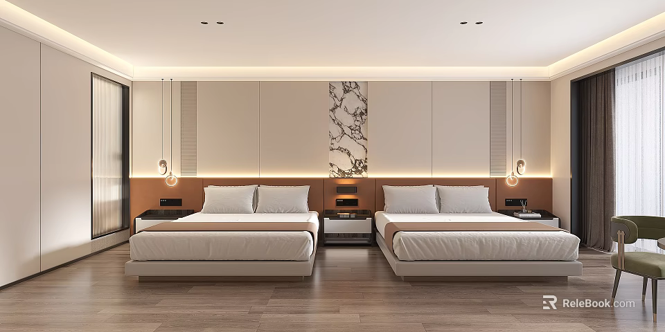Hotel Guest Room With Twin Beds Wooden Flooring And Decorative Wall Art 3d model 