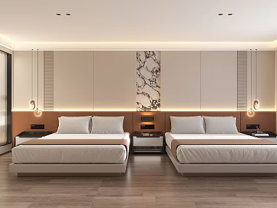 Hotel Guest Room With Twin Beds Wooden Flooring And Decorative Wall Art 3d model
