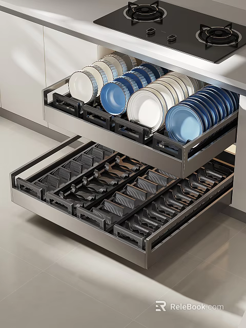 Organized Dinnerware Set Stored In Kitchen Drawer With Blue White Plates And Utensils 3d model