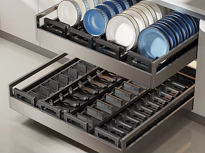 Organized Dinnerware Set Stored In Kitchen Drawer With Blue White Plates And Utensils 3d model