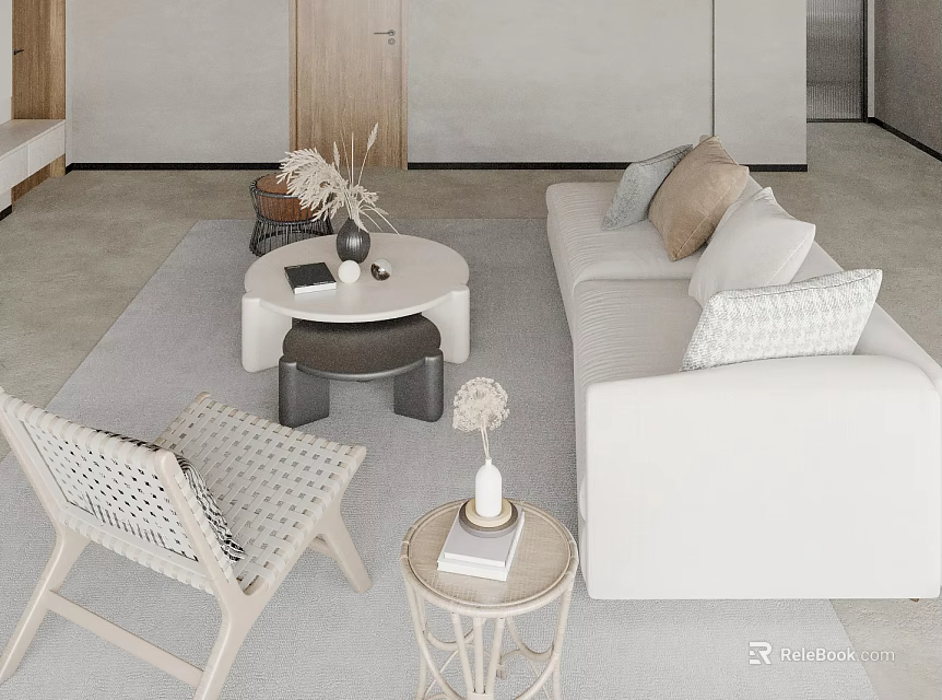 Modern Minimalist Neutral Living Room With Cozy Sofa Round Coffee Table And Woven Lounge Chair 3d model 