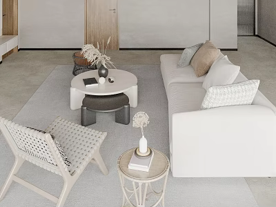 Modern Minimalist Neutral Living Room With Cozy Sofa Round Coffee Table And Woven Lounge Chair 3d model