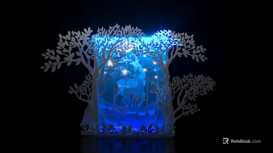 3D Paper Carving Lamp With Blue Light Trees Deer And Stars Design 3d model 