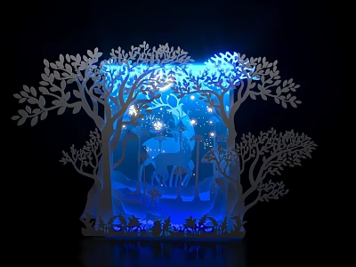 3D Paper Carving Lamp With Blue Light Trees Deer And Stars Design 3d model