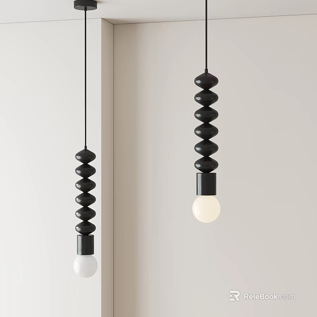 Modern Black Beaded Pendant Lights With Hanging Structure And White Bulbs 3d model 