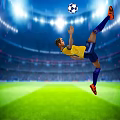 Man Jumping To Kick Soccer Ball In Stadium With Green Grass And Bright Lights