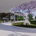 Modern Garden Landscape With Lush Trees Pedestrian Plaza And Architectural View