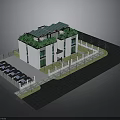 Modern White Building With Green Roof Solar Panels Parking Area And Fence