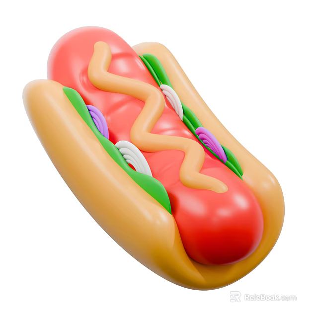 Delicious Hot Dog With Mustard Lettuce And Onions In Soft Yellow Bun 3d model 