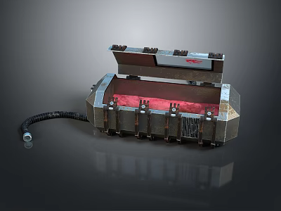 Mechanical Metal Case With Open Lid Red Interior And Attached Cable 3d model