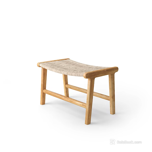 Wooden Stool With Woven Seat And Simple Natural Design In Light Brown Frame 3d model 