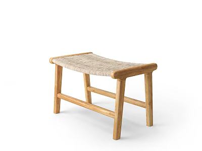 Wooden Stool With Woven Seat And Simple Natural Design In Light Brown Frame 3d model