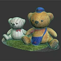 Two Adorable Teddy Bear Dolls White Red Bow Tie Brown Blue Hat Overalls Green Grass