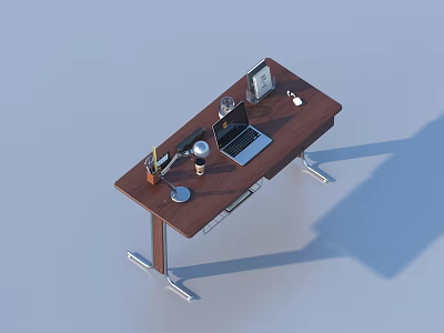 Wooden Office Desk With Laptop Table Lamp Stationery And Photo Frame 3d model