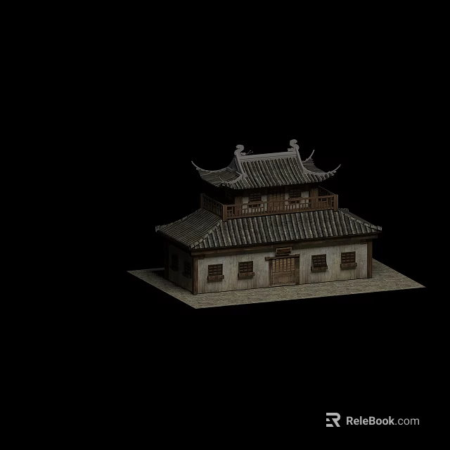 Traditional Chinese Ancient Architecture With Two Story Tile Roof And Overhanging Eaves 3d model 