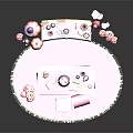 Cartoon Style Magical Scene With Pink Orange Cottage Cabinets Cauldron Candles And Table