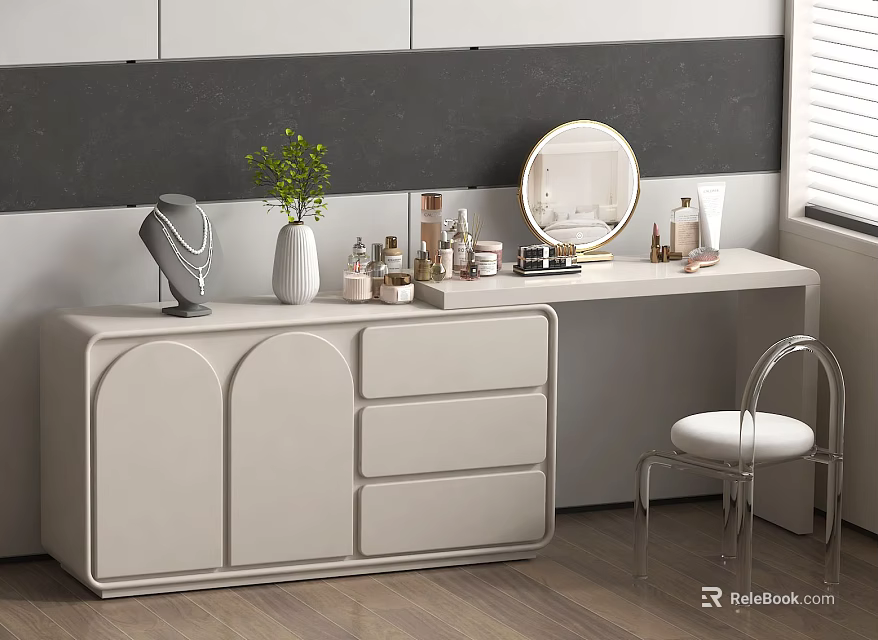 Modern Vanity Dressing Table With Cosmetics Mirror Vase And Transparent Chair 3d model 