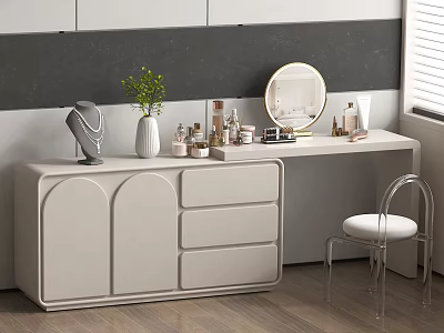 Modern Vanity Dressing Table With Cosmetics Mirror Vase And Transparent Chair 3d model