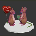 Cute Mice Figurine Holding Red Heart Balloon And Yellow Heart On White Hexagon Base