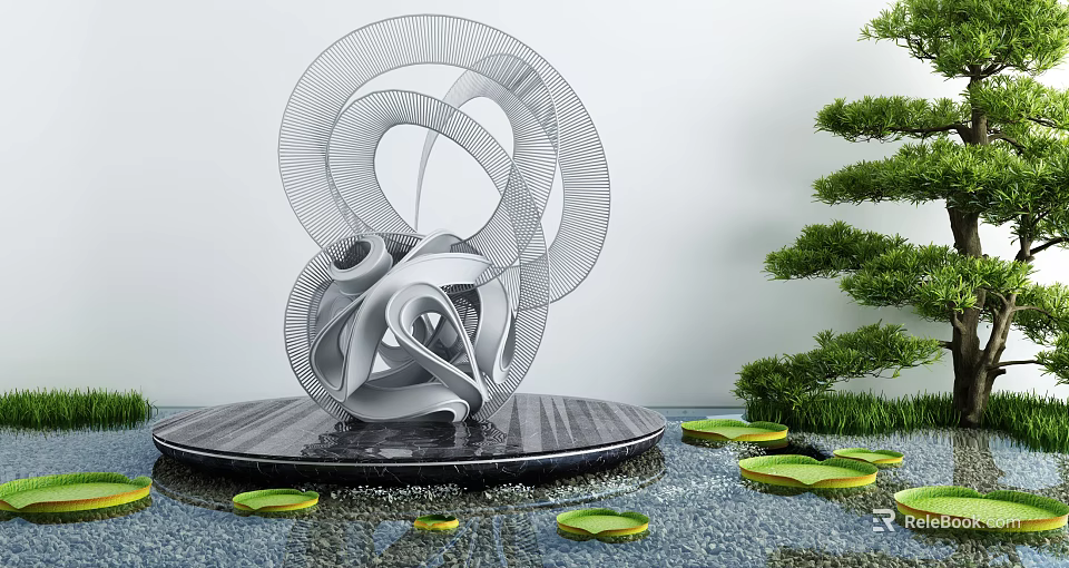 Metallic Spiral Garden Sculpture On Black Platform With Water Lily Pads And Shaped Green Tree 3d model 