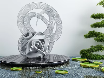Metallic Spiral Garden Sculpture On Black Platform With Water Lily Pads And Shaped Green Tree 3d model