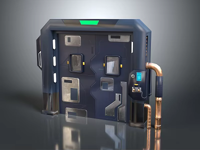 Futuristic Sci-Fi Door Design With Metallic Surface Copper Pipes Digital Screen And Green Indicator Light 3d model