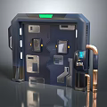 Futuristic Sci-Fi Door Design With Metallic Surface Copper Pipes Digital Screen And Green Indicator Light 3d model