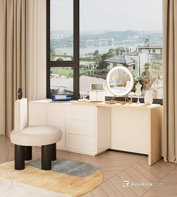 Elegant Modern Dressing Table With Round Mirror Upholstered Stool Drawers And Scenic Window View 3d model 