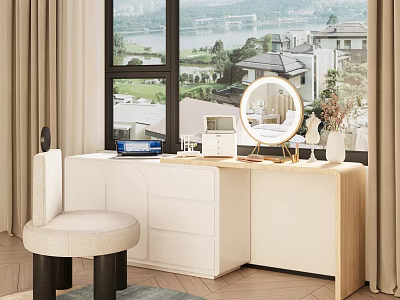 Elegant Modern Dressing Table With Round Mirror Upholstered Stool Drawers And Scenic Window View 3d model