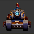 Cartoon Style Military Vehicle Tank With Red Flag Blue Top Golden Shield Barrels Flame Decorations