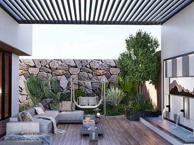 Cozy Courtyard Garden Design With Stone Wall Wooden Flooring Sofa Hammock Chair And Green Plants 3d model