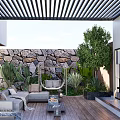 Cozy Courtyard Garden Design With Stone Wall Wooden Flooring Sofa Hammock Chair And Green Plants