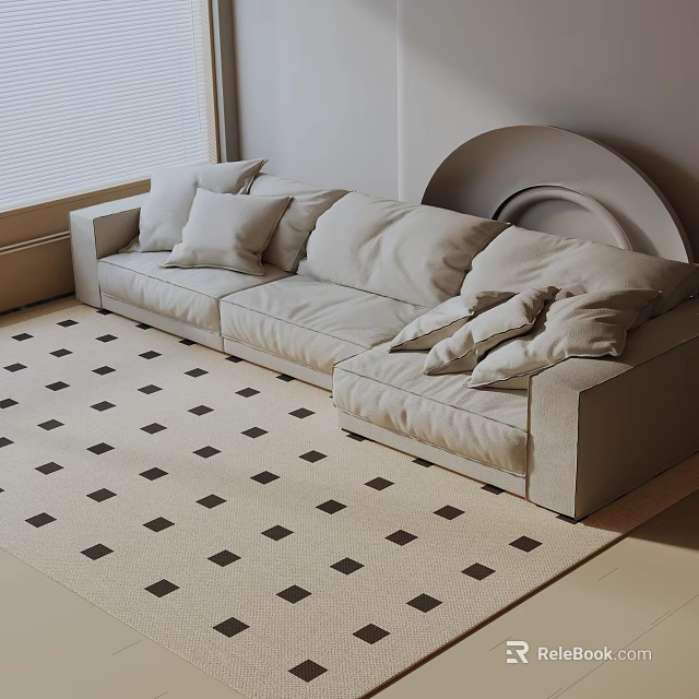 Light Beige Three Seater Sofa With Plush Pillows On Checkerboard Rug In Modern Minimalist Interior 3d model 