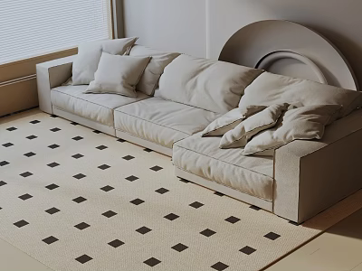 Light Beige Three Seater Sofa With Plush Pillows On Checkerboard Rug In Modern Minimalist Interior 3d model