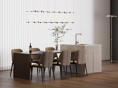 Modern Minimalist Interior With White Island Dining Table Chairs And Chandelier 3d model