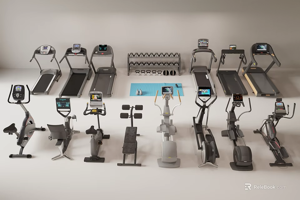 Sports Equipment Set With Treadmills Dumbbell Rack Exercise Bikes And Elliptical Trainers 3d model 