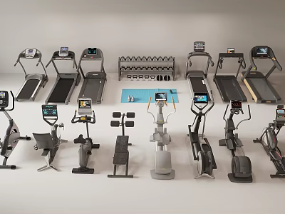 Sports Equipment Set With Treadmills Dumbbell Rack Exercise Bikes And Elliptical Trainers 3d model