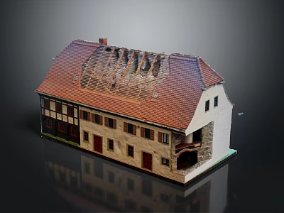 Traditional Residential Building Featuring Red Tiled Roof Multiple Chimneys Beige Walls And Black Wooden Frames 3d model