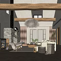 Warm Hotel Guest Room Interior Featuring Wooden Beams Stone Fireplace White Sofa And Rattan Chandelier