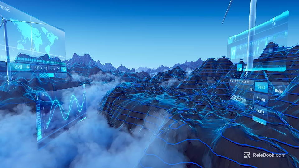 Mountain Terrain With Holographic Data Visualization World Map Wind Turbine Clouds And Blue Light Grids 3d model 