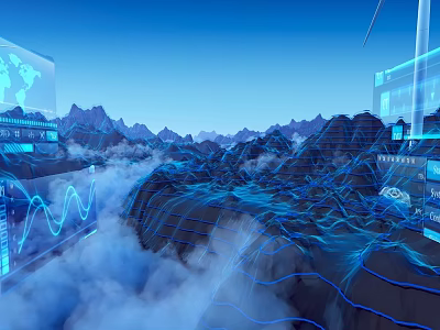 Mountain Terrain With Holographic Data Visualization World Map Wind Turbine Clouds And Blue Light Grids 3d model