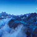 Mountain Terrain With Holographic Data Visualization World Map Wind Turbine Clouds And Blue Light Grids