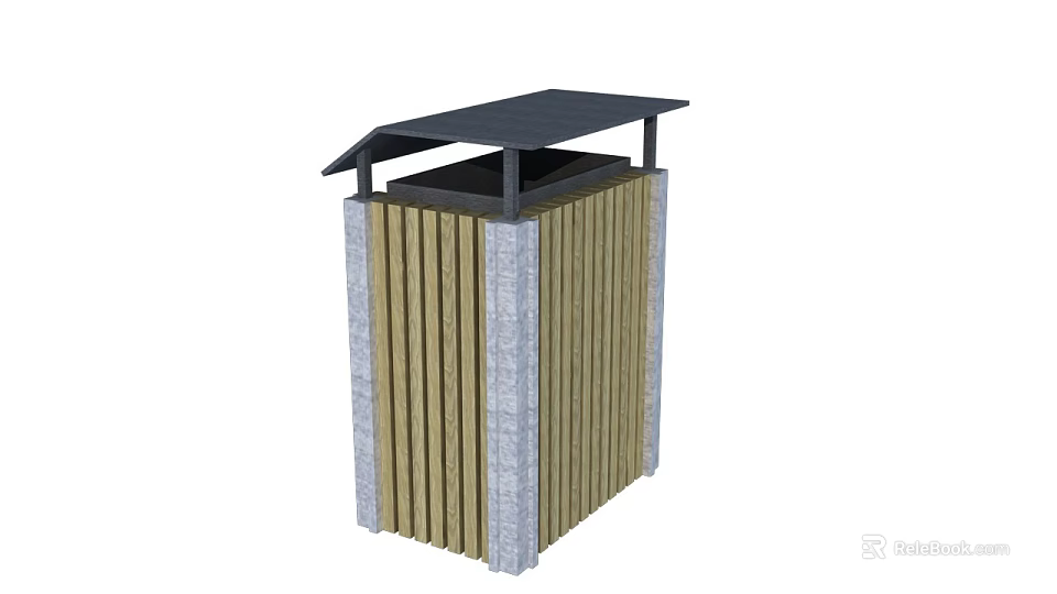 Public Trash Bin With Wooden Slats Gray Frame And Black Lid Outdoor Facility 3d model 