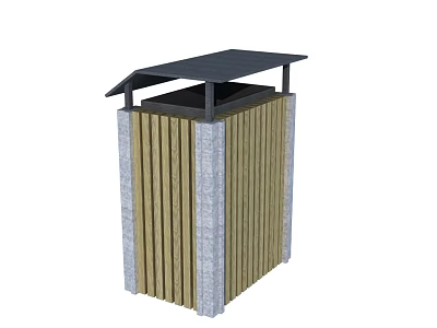 Public Trash Bin With Wooden Slats Gray Frame And Black Lid Outdoor Facility 3d model